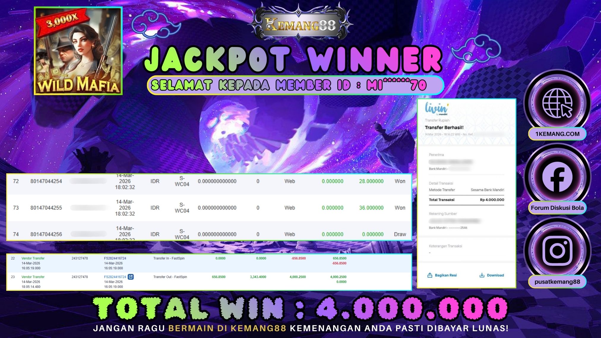 KEMANG88 [14 Maret 2026] : JACKPOT SLOT : WILD MAFIA [FS] Rp. 4.000.000.,- LUNAS